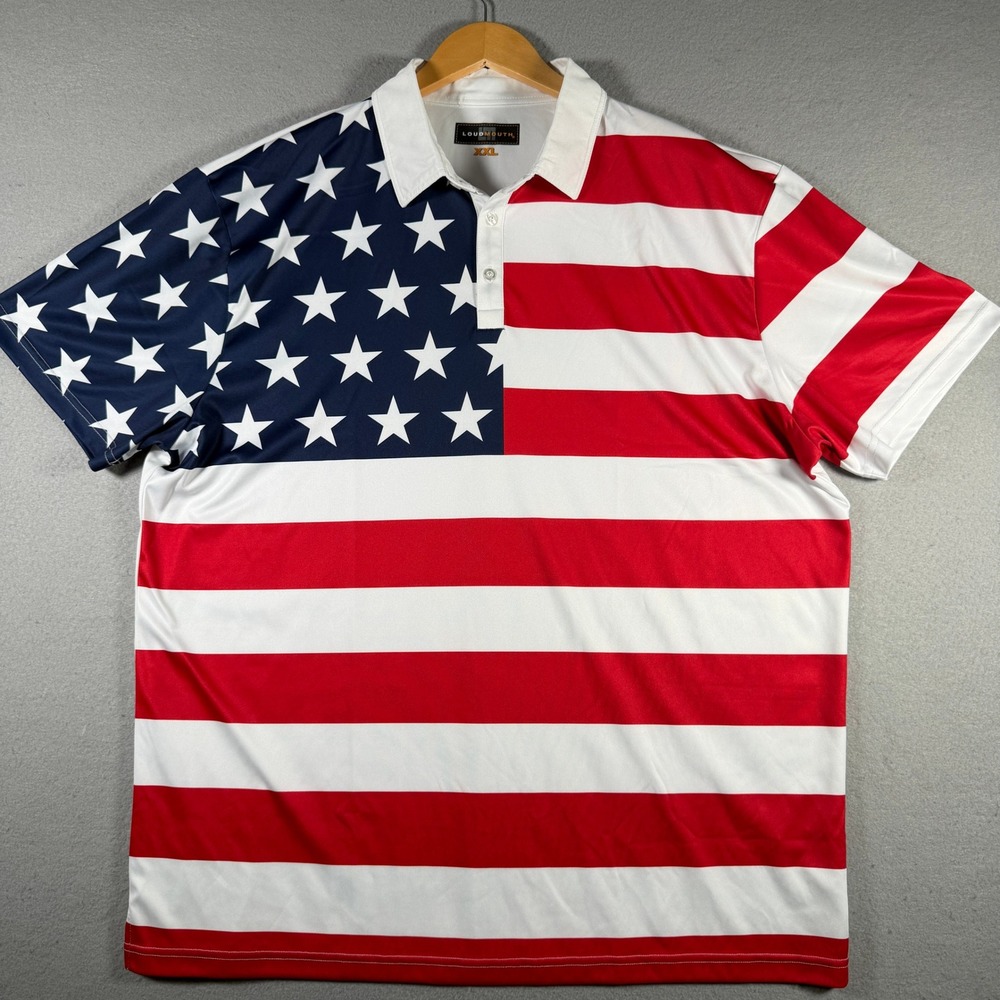Loudmouth Mens American Flag Golf Polo Shirt XXL Stars Stripes Patriotic USA